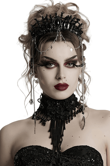Chic Gothic Black Crystal Headband Featuring Tassel Accents